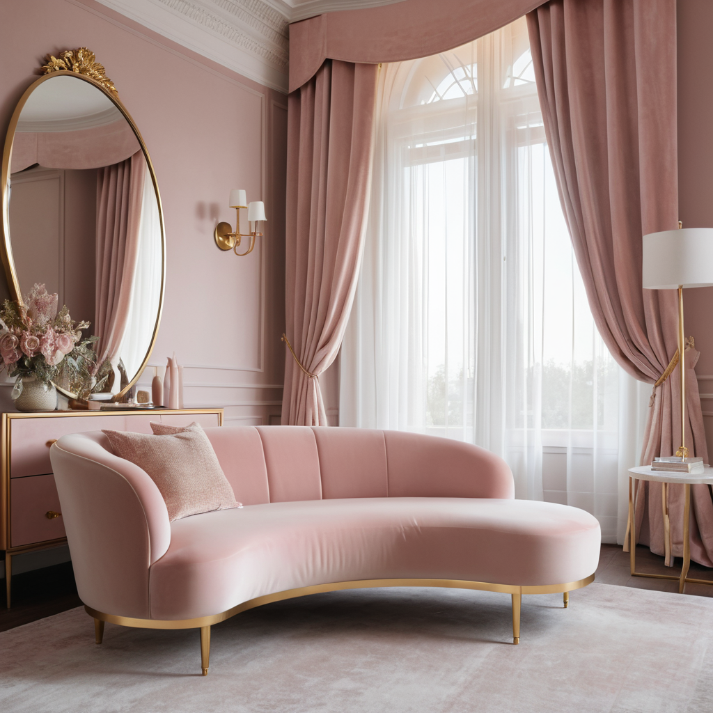 Curved Chaise Lounge in Soft Pastel Pink With Gold Details