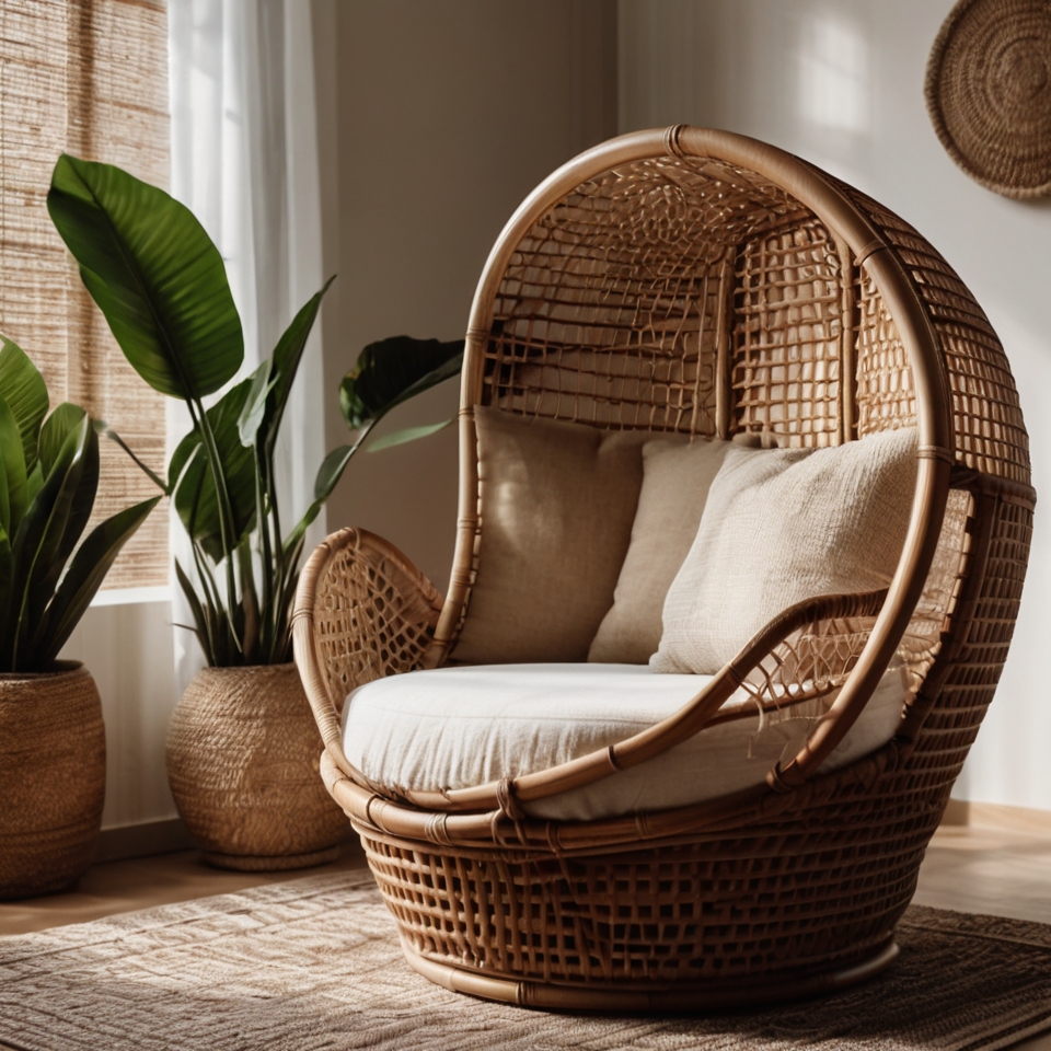 Curved Rattan Chair With White Cushions