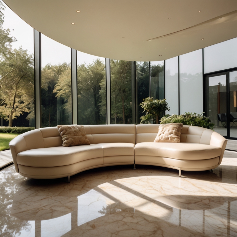 Curved Sectional Cream Leather Sofa