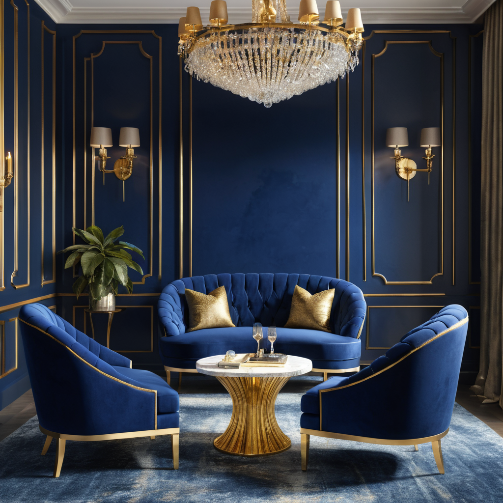 Curved Velvet Navy Blue Armchairs With Gold Accents