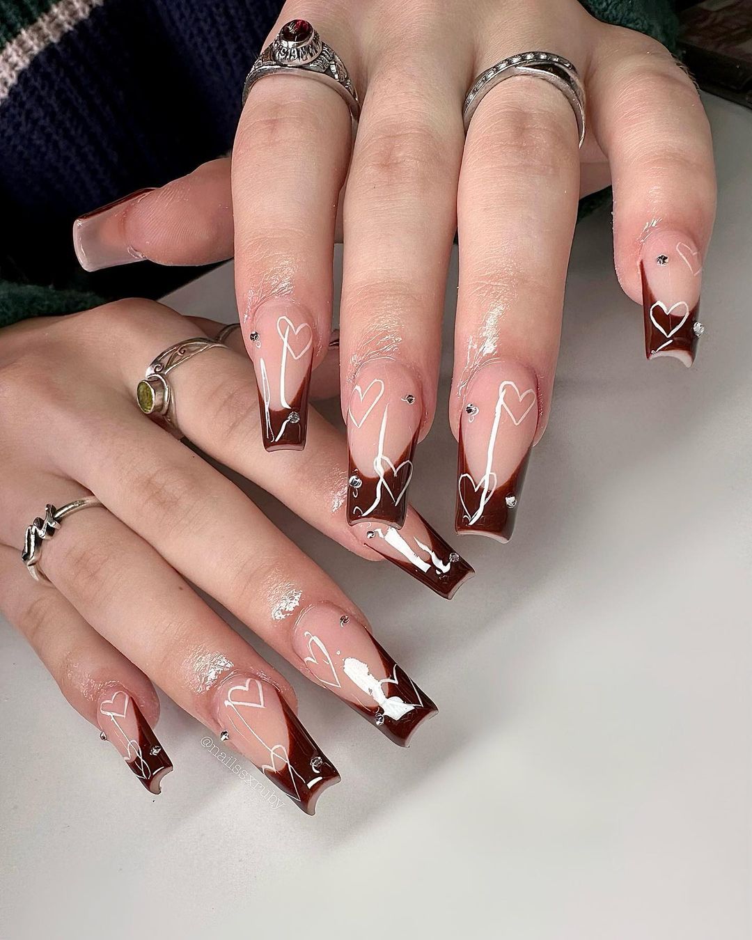 Dark Brown Glossy Tips With White Hearts