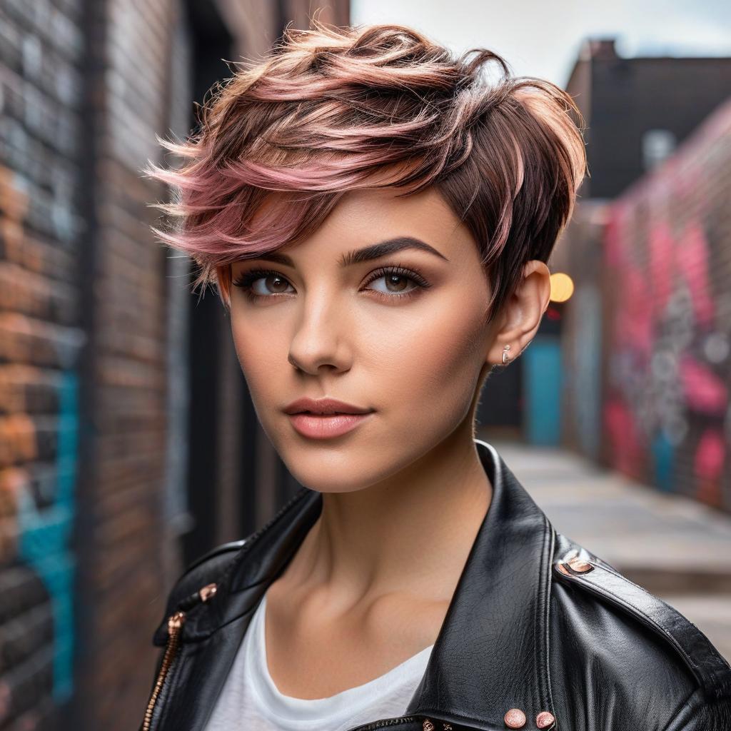 Dark Brown Pixie With Rose Gold Balayage