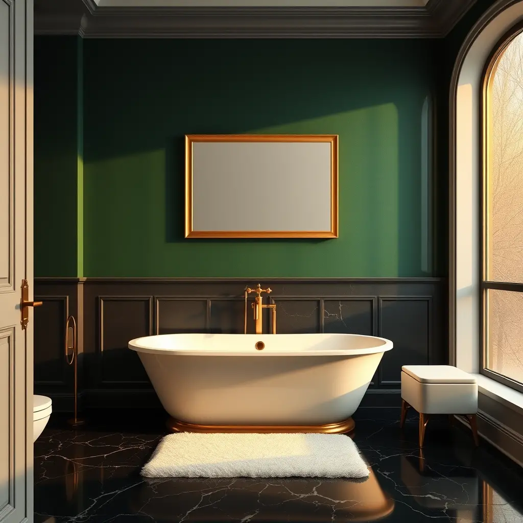 Dark Green Bathroom Wall With Freestanding White Tub and Gold Details