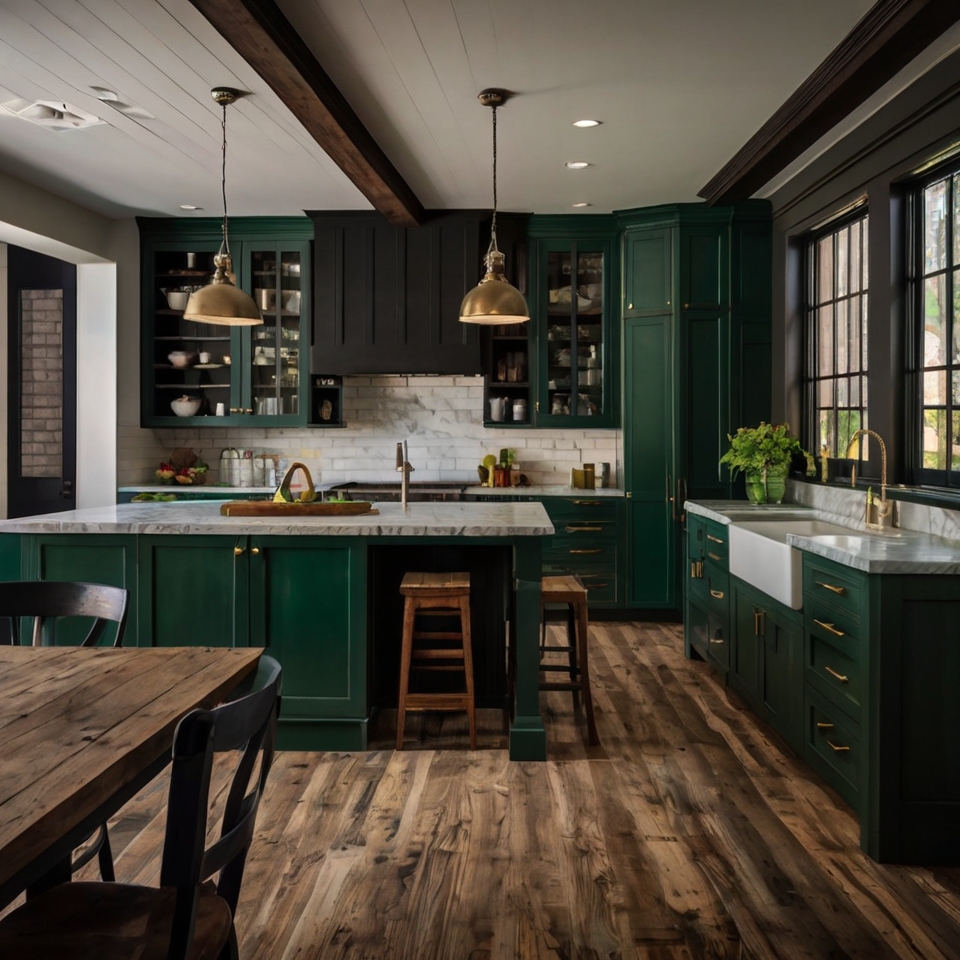 Dark Green Shaker Cabinets, Marble Countertops, Black Industrial Lighting, Hardwood Floors