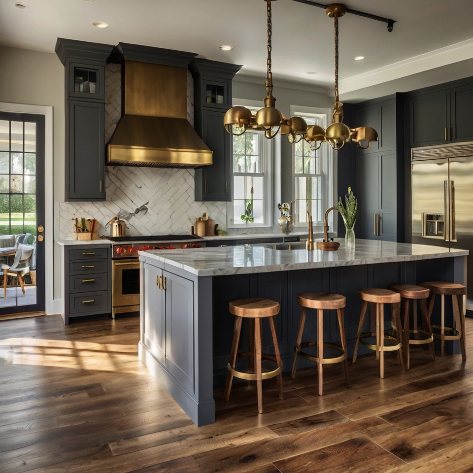 Dark Grey Cabinets, Wooden Island with Marble Countertop, Brass Hardware