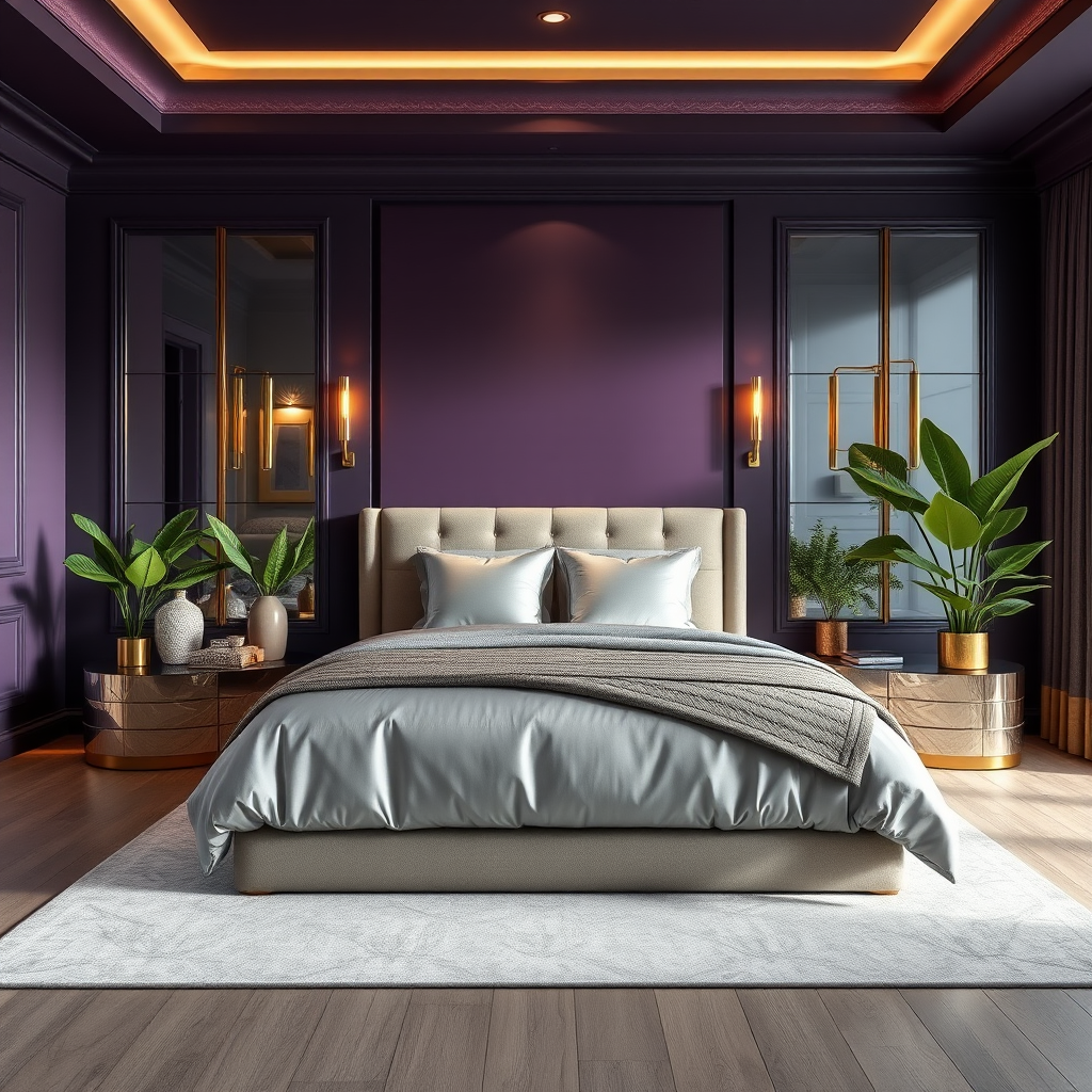 Dark Purple Bedroom With Purple Walls, Silver adn Gray Bedding, Gold Accents