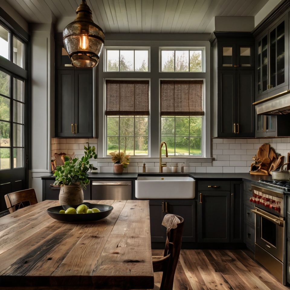 Dark Wood Cabinets, Black Granite Countertops, Large Island With Reclaimed Wood Top