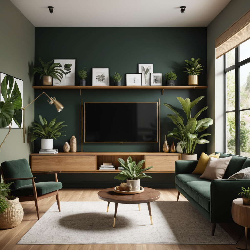 Deep Dark Green Accent Wall With Matte Finish in Modern Living Room