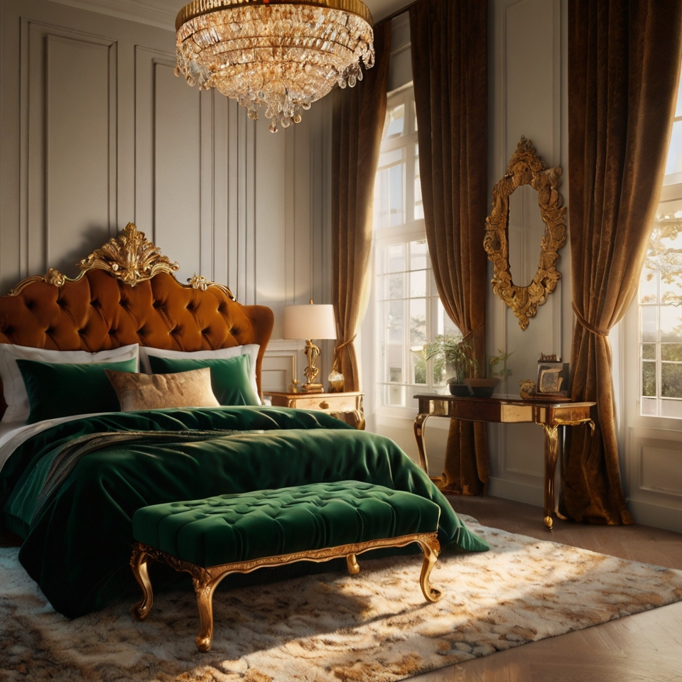 Deep Emerald Green Bedding, Velvet Gold And Burnt Orange Pillows, Ornate Wooden Headboard, Gold-framed Mirror