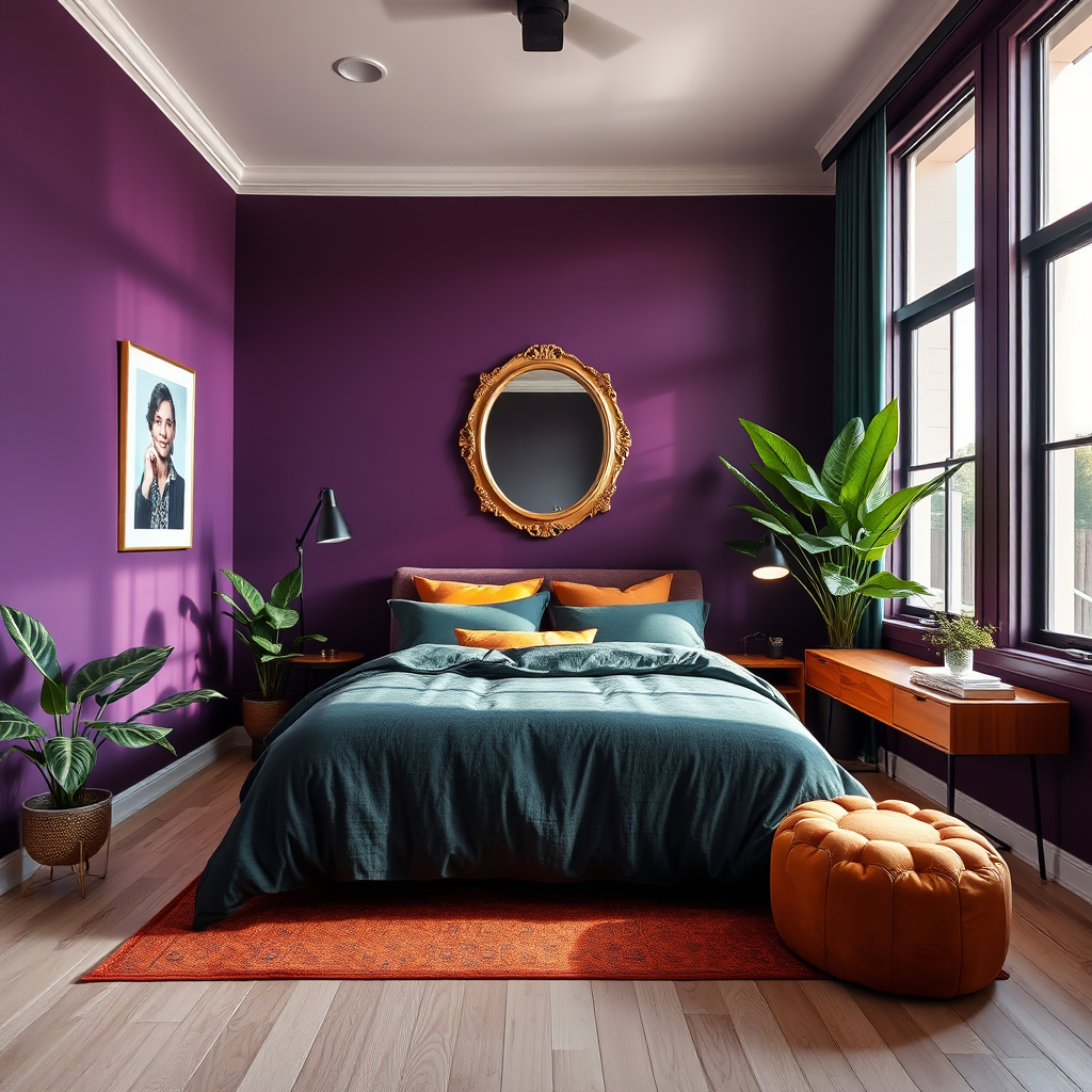 Deep Purple Bedroom With Green, Gold And Orange Accents