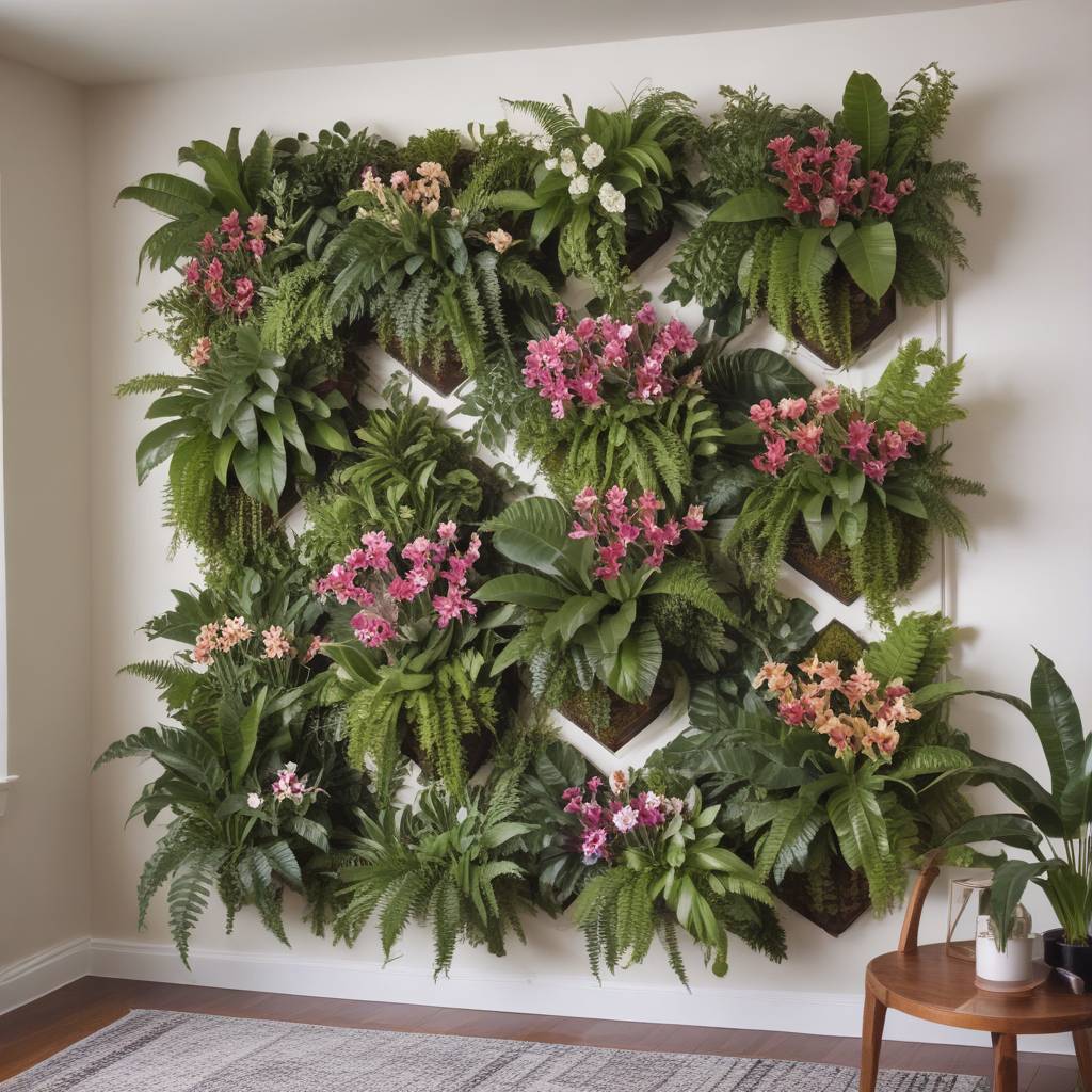 Diamond Shaped Wall Mounted Planters With Orchids, Hibiscus And Ferns