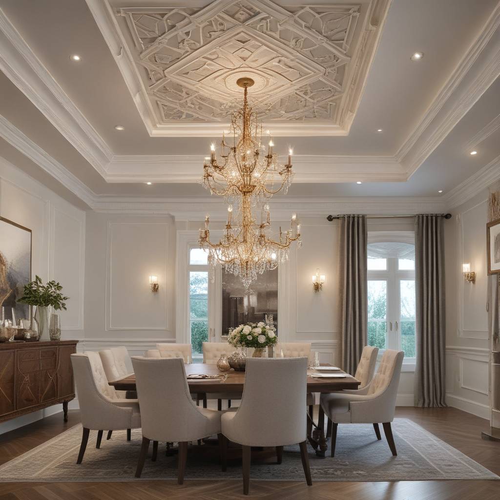 Dining Room Decorative Ceiling With Geometric Patterns and Chandeliers