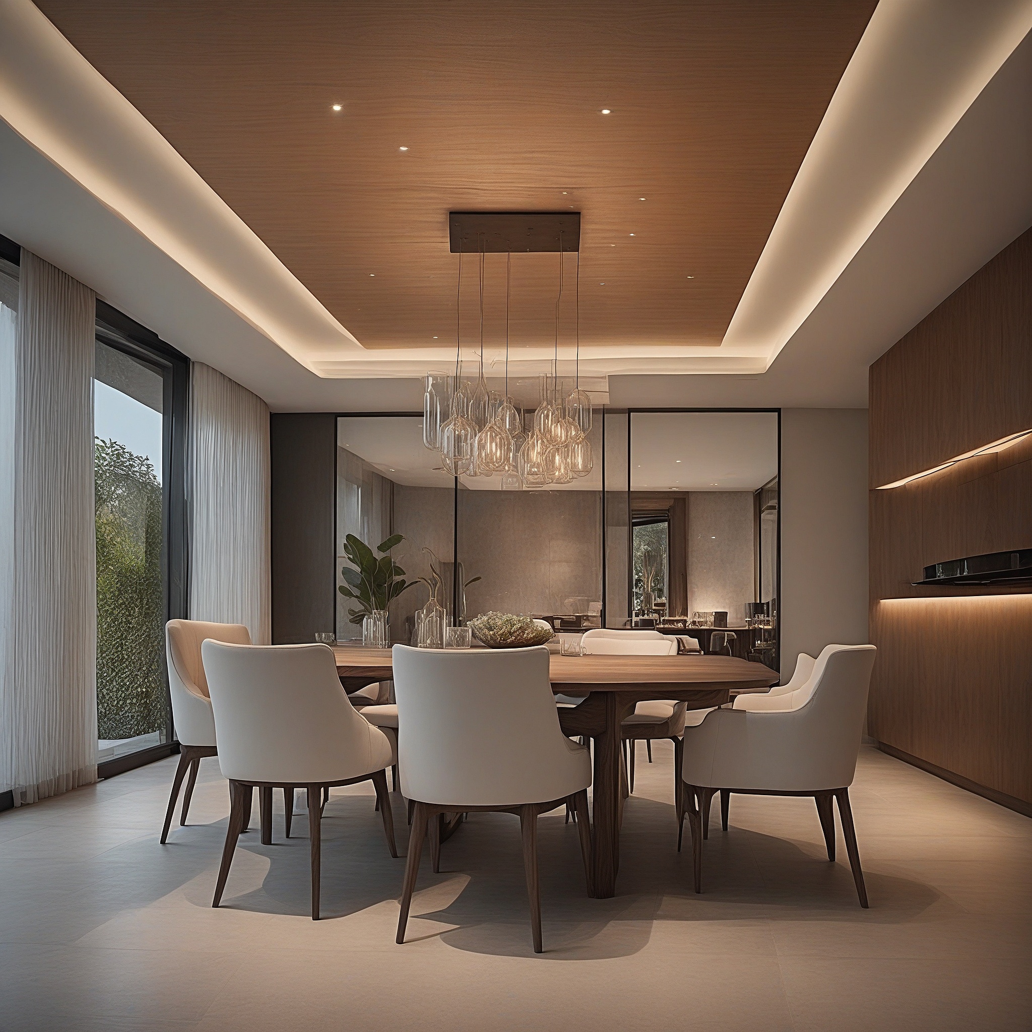 Dining Room With Floating Panel Ceiling And Integrated Lighting