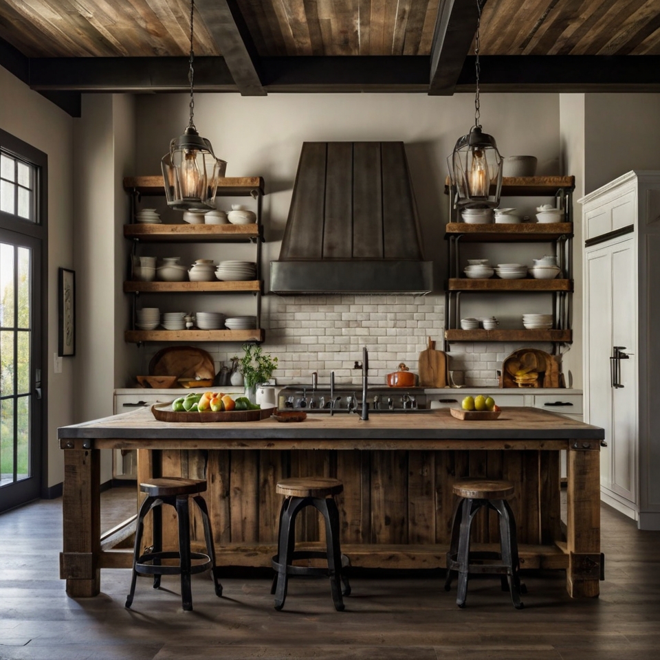 Distressed Wood Island, Large Farmhouse Sink, Industrial Shelving and Llighting Fixtures