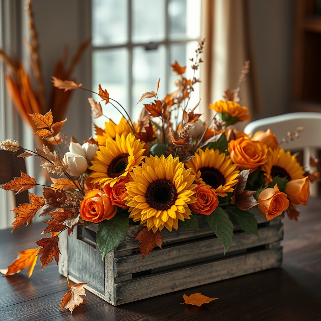 Dried Autumn Leaves, Orange Roses And Sunflowers In Wooden Crate