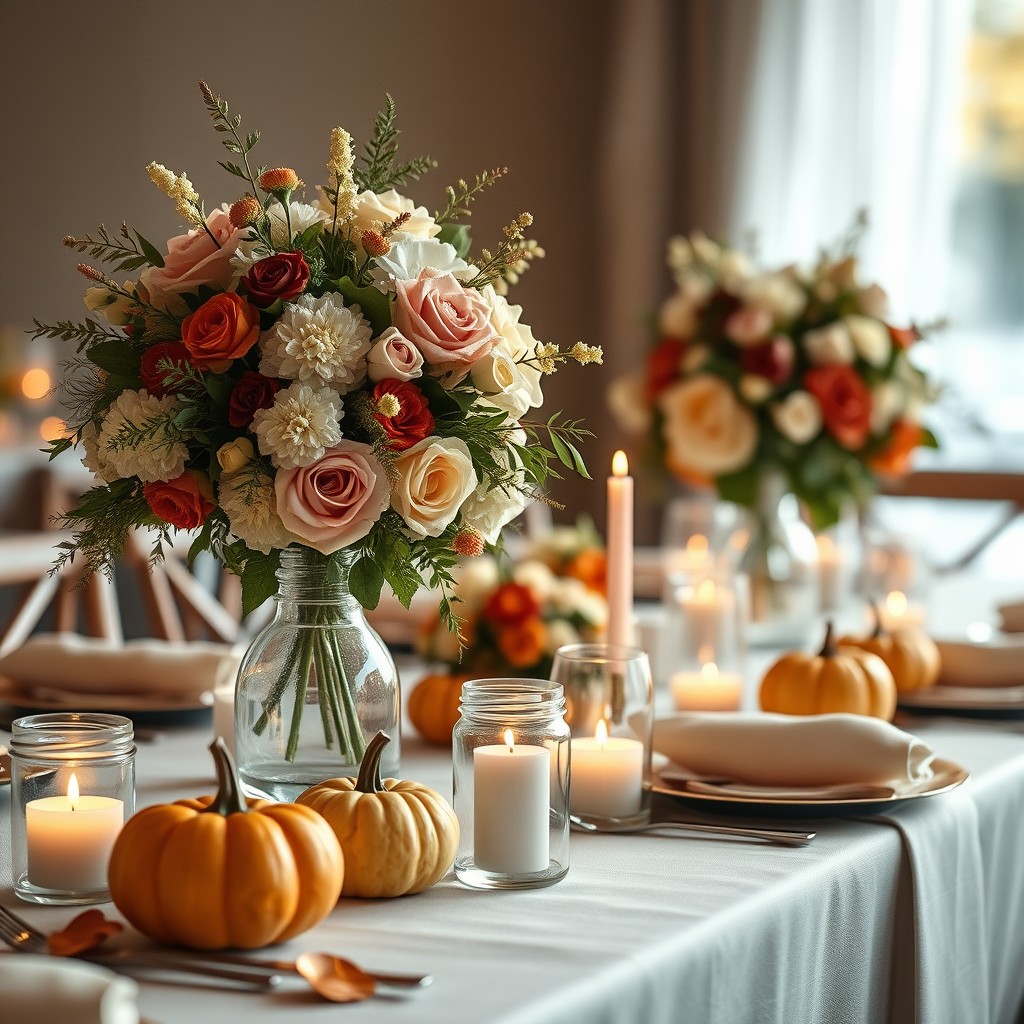 Elegant Floral Arrangnebts, Small Pumpkins And Candles