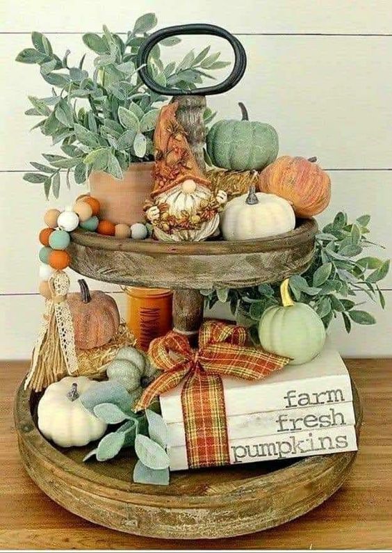 Eucalyptus Leaves, Pumpkins And Ribbons Tiered Tray Display