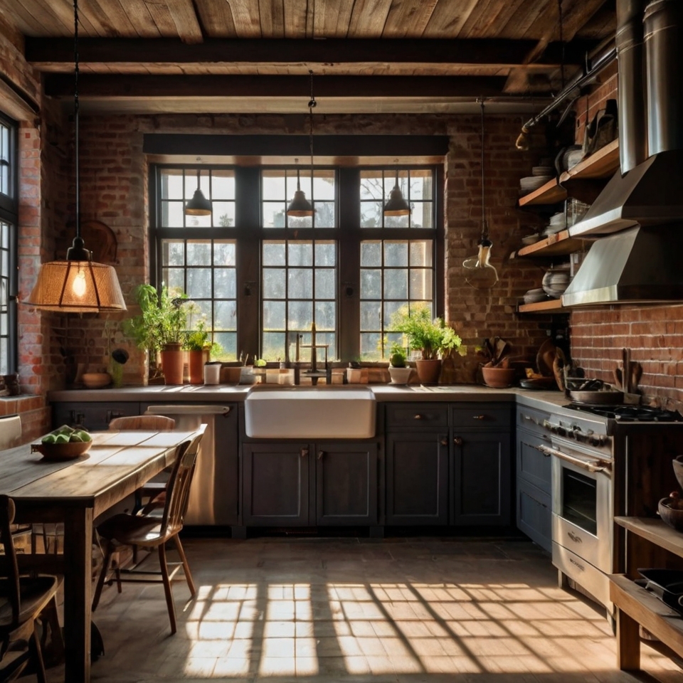 Exposed Brick Wall, Dark Wood Cabinetry, Concrete Countertops, Open Shelving