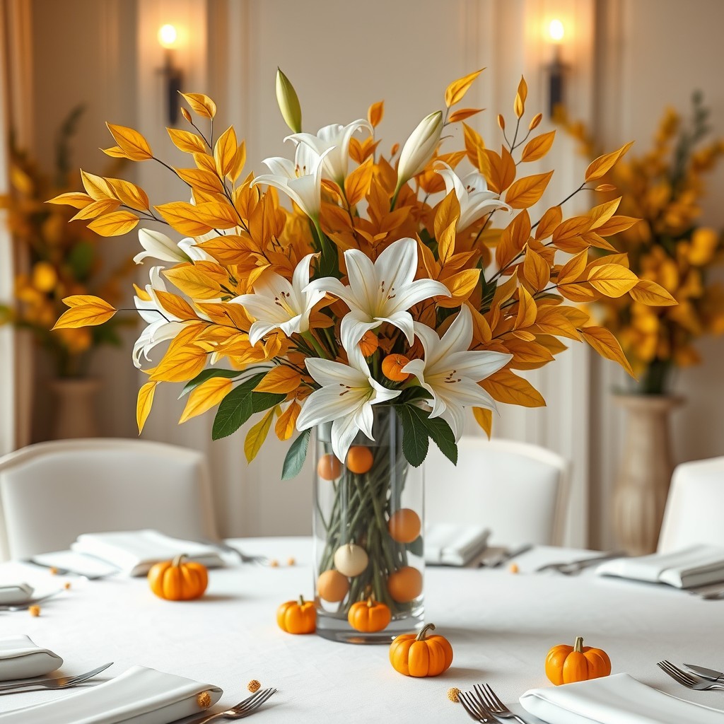 Fall Centerpiece WIth Golden Leaaves, White Lilies And Small Orange Pumpkins