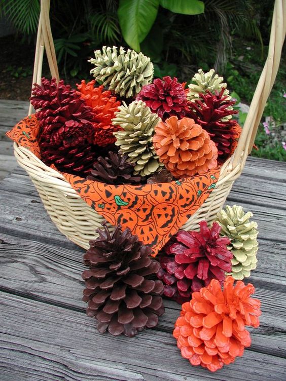 Fall Color Painted Pinecones In A Basket