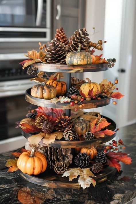 Fall Leaves, Pinecones and Pumpkin Wood Tiered Tray Display