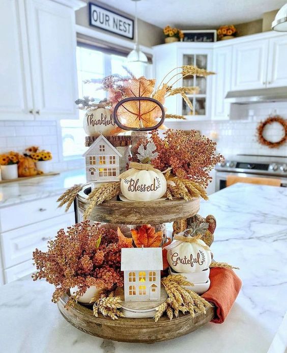 Fall Leaves, Wheat, Pumpkin And Wooden Houses Tiered Tray Display