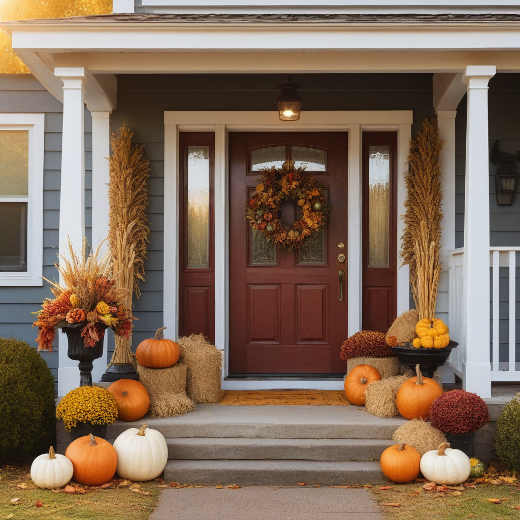 Fall Leaves and Pinecone Wreath, Dried Corn Stalks, Hay Bales