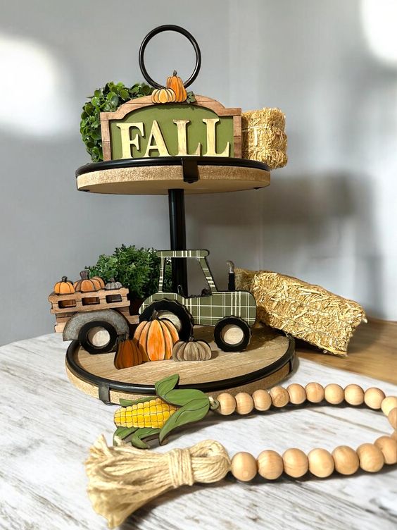 Fall Tracktor And Hay Bale Tiered Tray Display