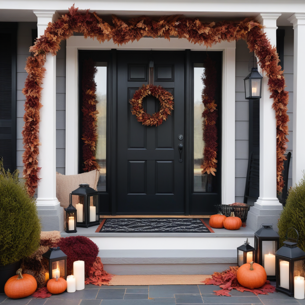 Fall leaves Garland Around Porch Colums, Rustic Lanterns And Pumpkins