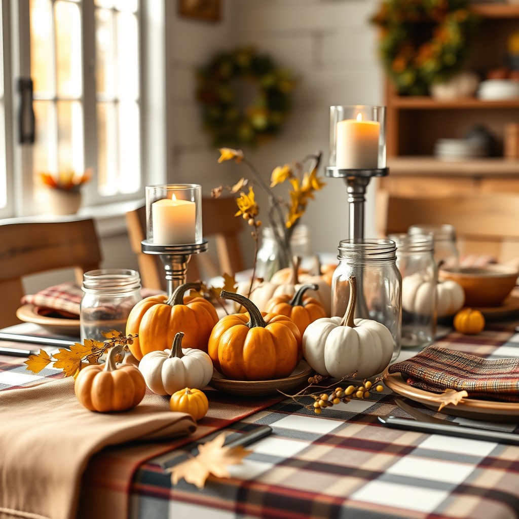 Farmhouse Decor With Small Pumpkins And Gourds, Candle Holders