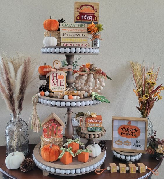 Felted Pumpkin and Beads Fall Tiered Tray Display