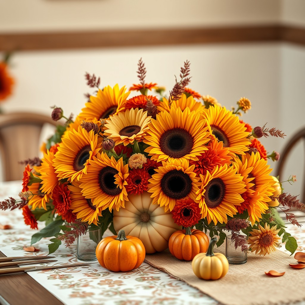 Floral Centerpiece With Sunflowers, Chrysanthemums and Marigolds