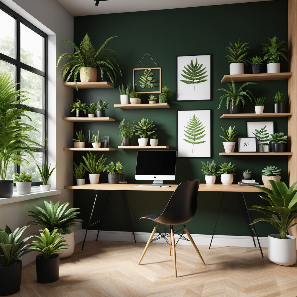 Forest Green Accent Wall In Office Space With Geometric Wooden Shelves