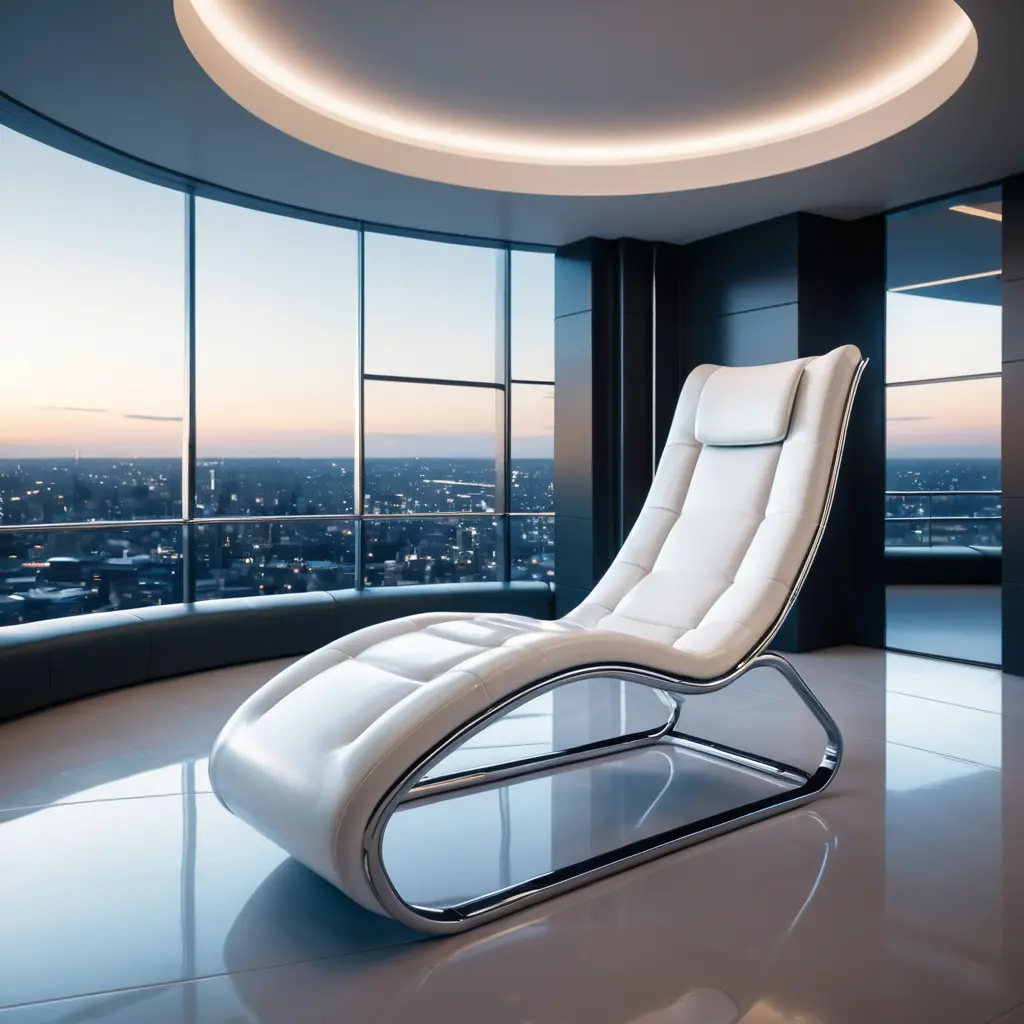 Futuristic Curved Chrome Lounge Chair With White Leather Padding