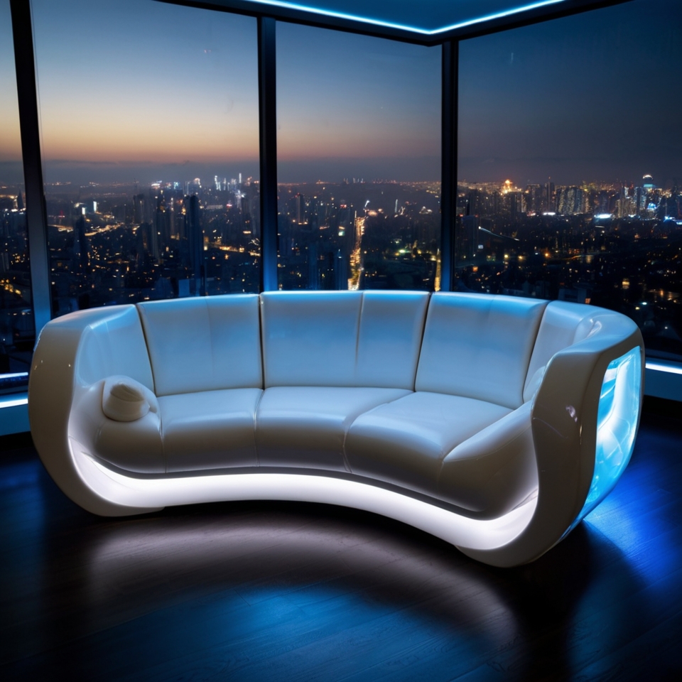 Futuristic Sofa In Glossy White Minimalistic Design with Soft Blue LED Underglow