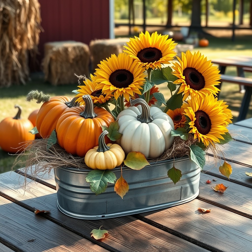 Galvanized Metal Container Centerpiece With Large Pupmkins, Hay and Sunflowere