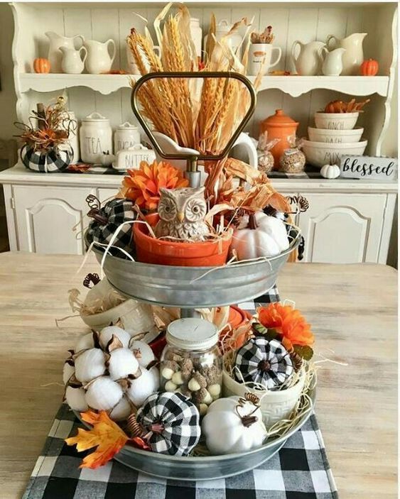 Galvanized Tiered Tray Display With Plaid Pumpkins, Cotton Snf Wheat