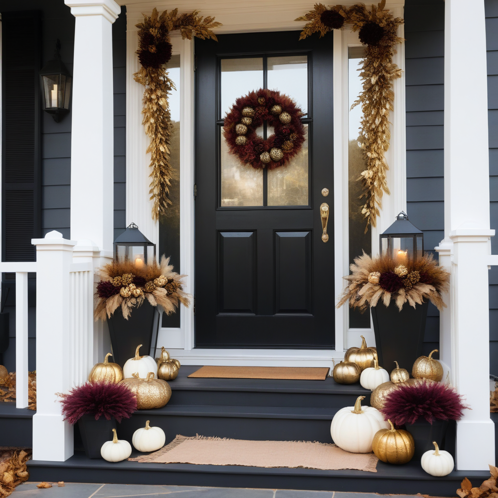 Gold Leaves Garland And Pumpkins, With Black Planters And Burgundy Wreath