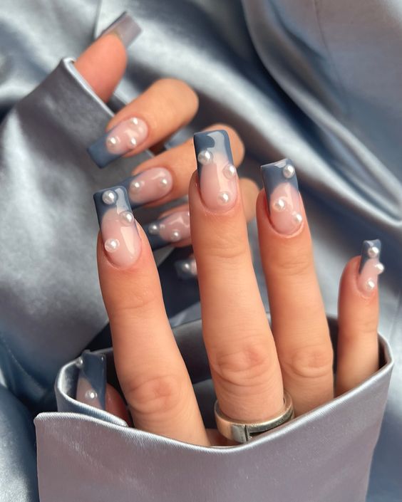 Graish Blue Square French Mani With Pearl Embelishment