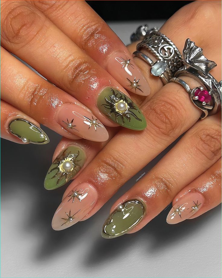 Green And Nuude Nails With Silver, Gold And Pearls