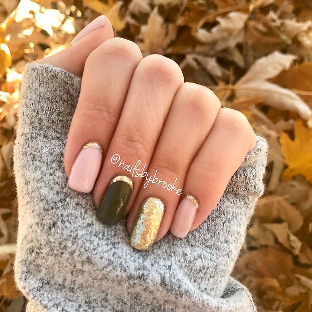 Green, Baige and Gold Glitter Nails