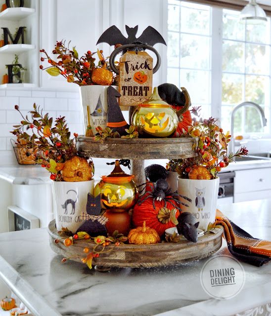 Halloween Pumpkin And Fall LEaves Tiered Tray Display