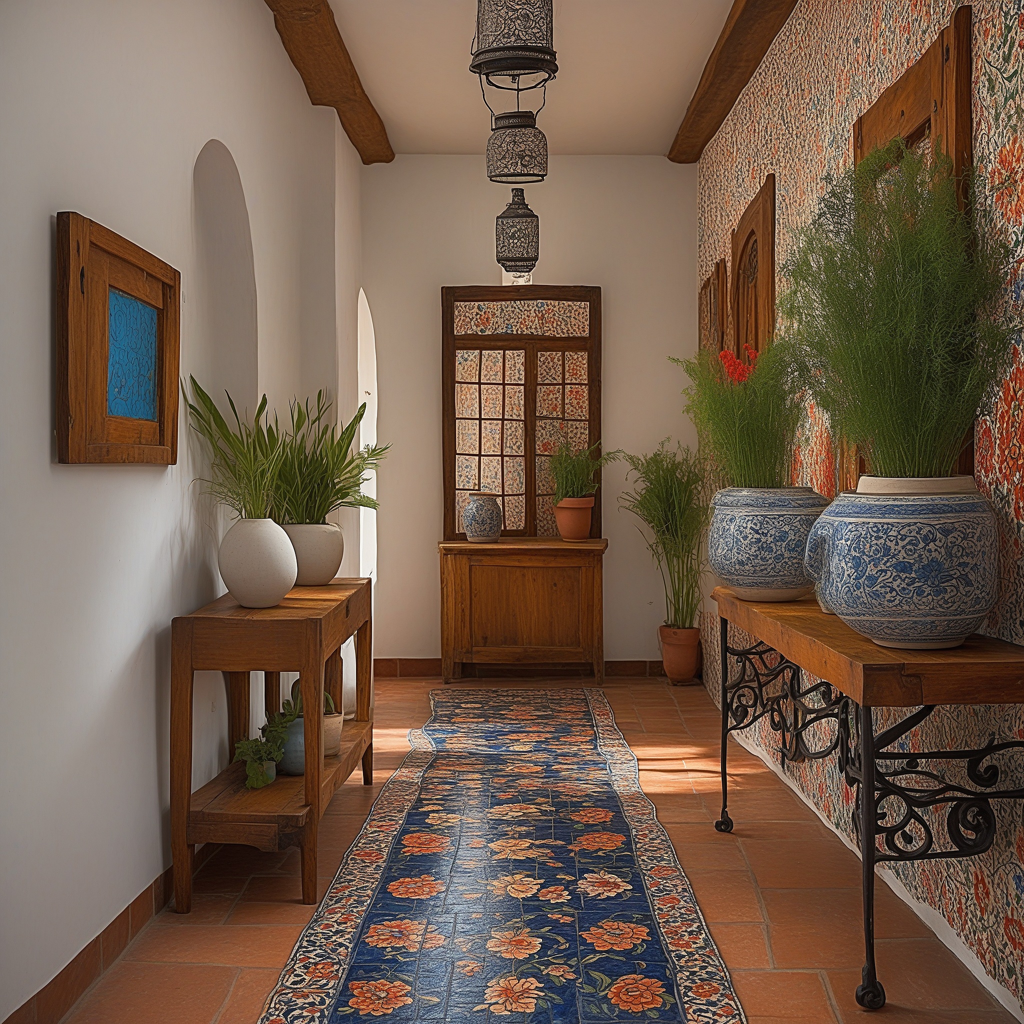 Hallway With Vibrant Talavera Tile Florring, Wooden And Wroth Iron Shelving