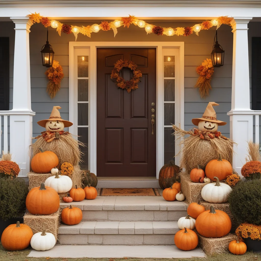 Hay Bale Scarecrows, Pumkins, Wreath And Garland