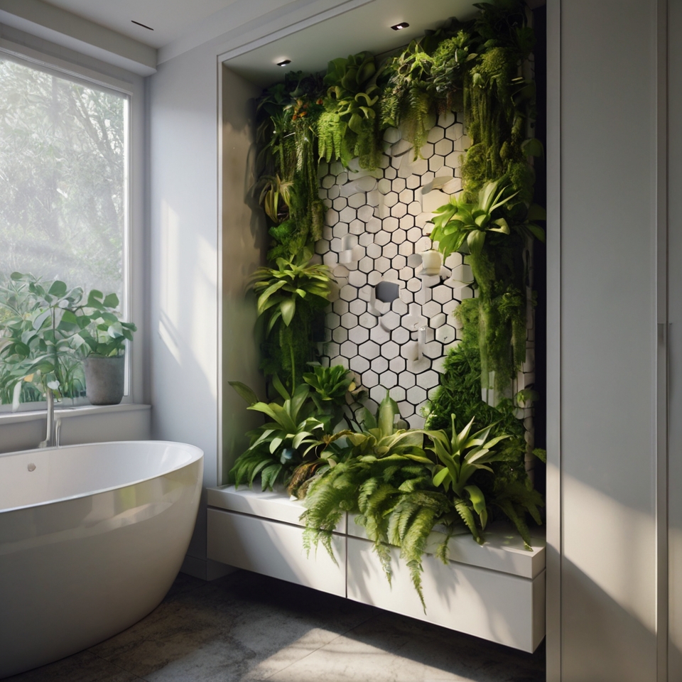 Hexagonal Wall Mounted Ceramic Planters With Ferns, Bamboo, and Moss