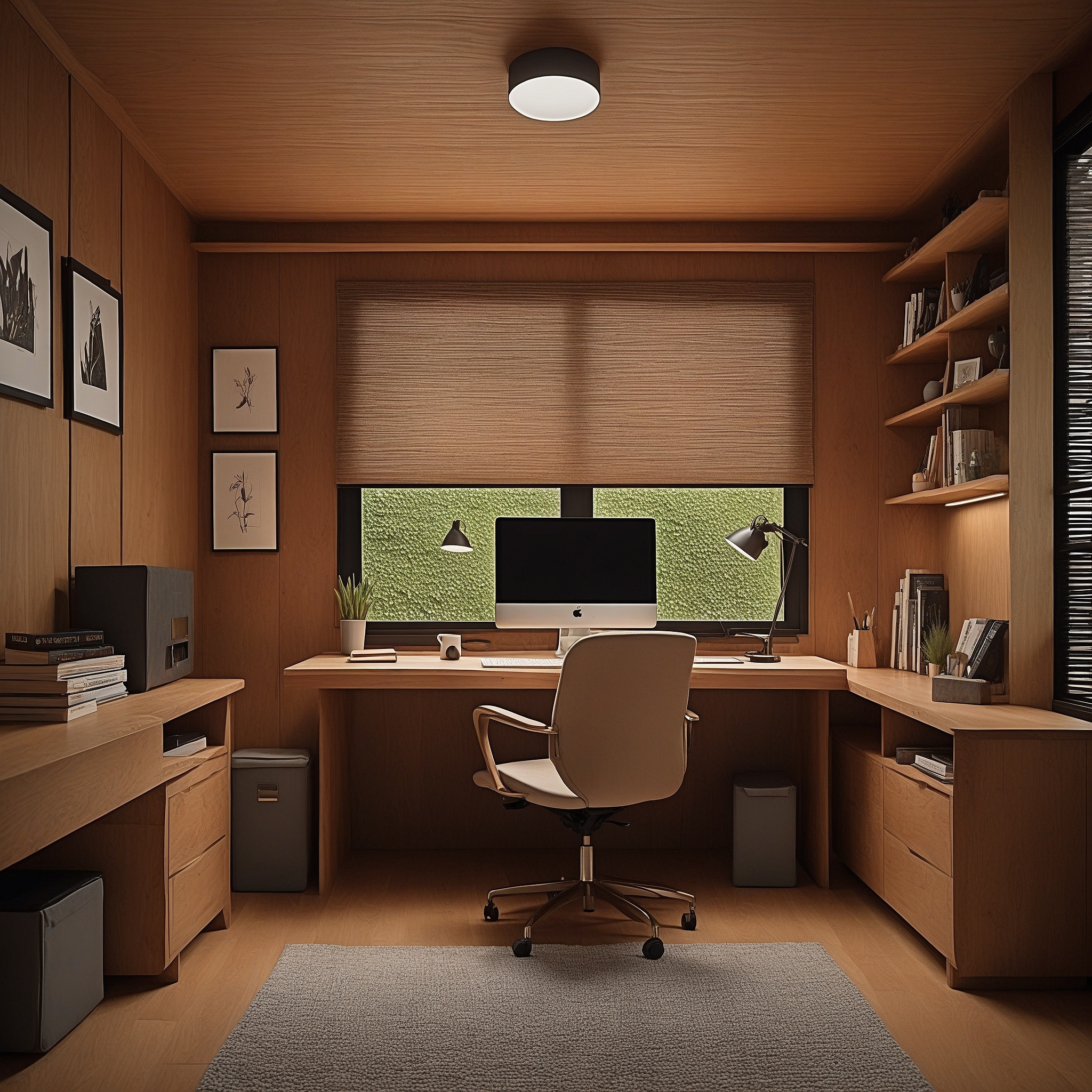 Home Office with Wood-Paneled Ceiling