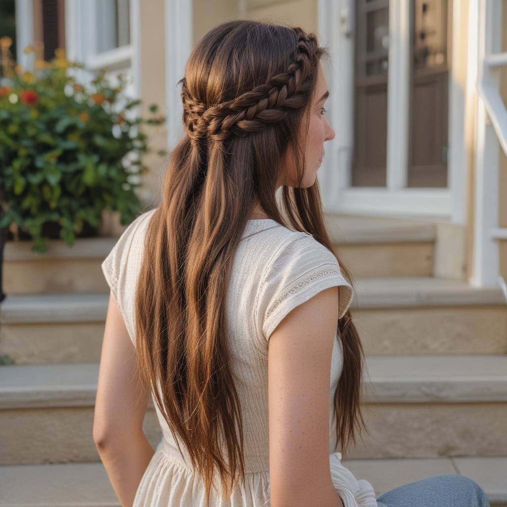 Intricate Bradied Crown On Straight Brown Hair