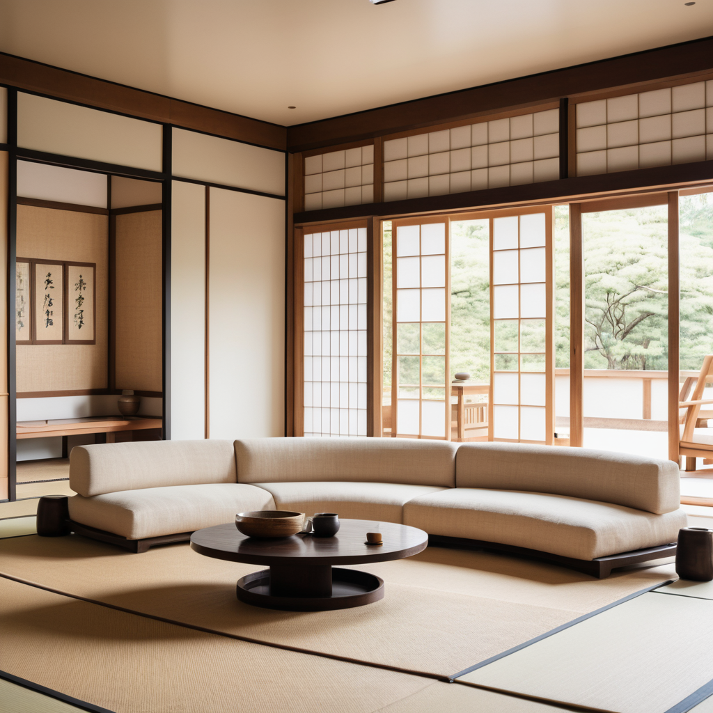 Japanese-inspired Minimalist Curved Cream-Colored Linen Sofa