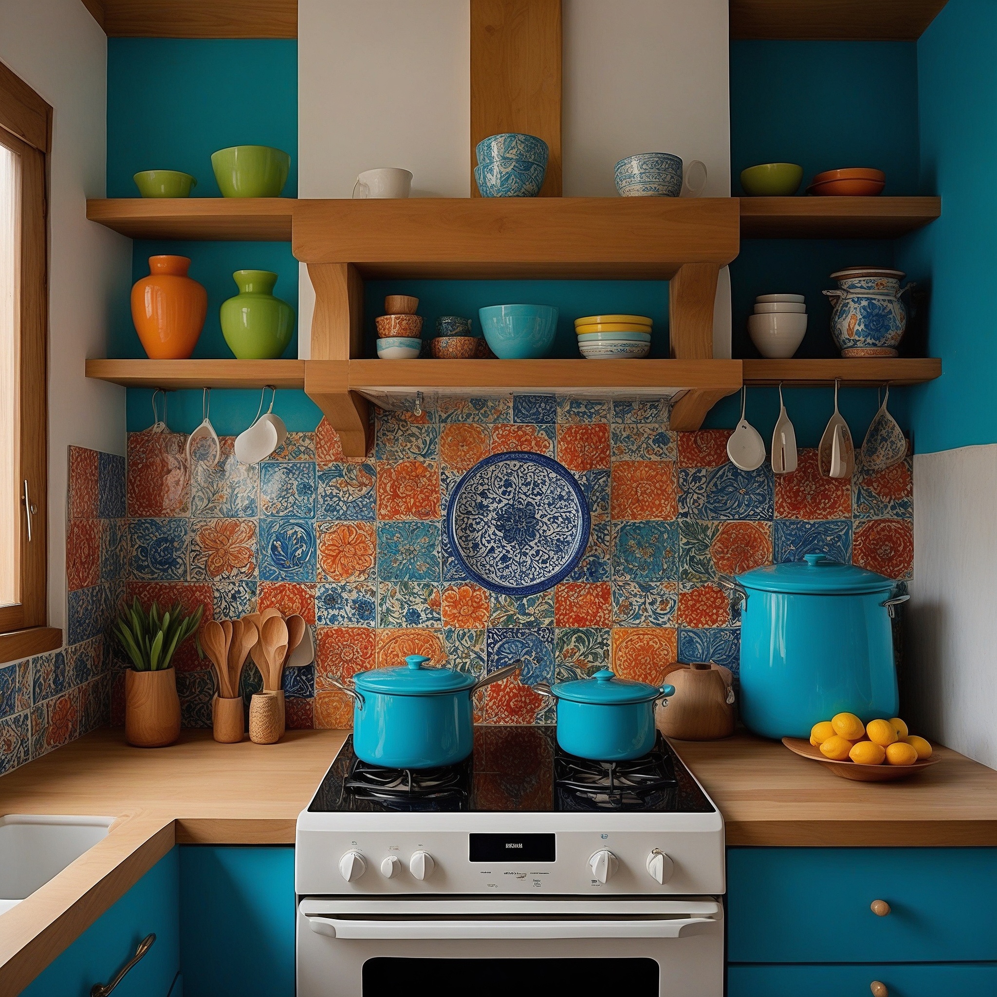 Kitchen With Vibran Talavera Tiles And Open Wooden Shelves