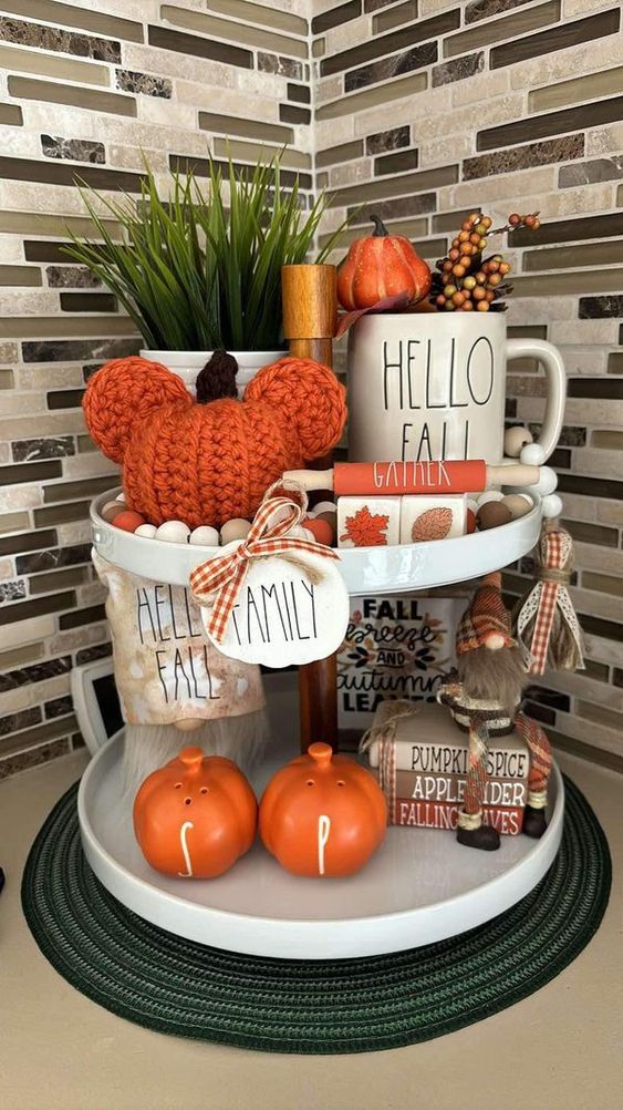 Knitted And Plastic Pumpkin And Checkered Ribbon Tiered Tray Display